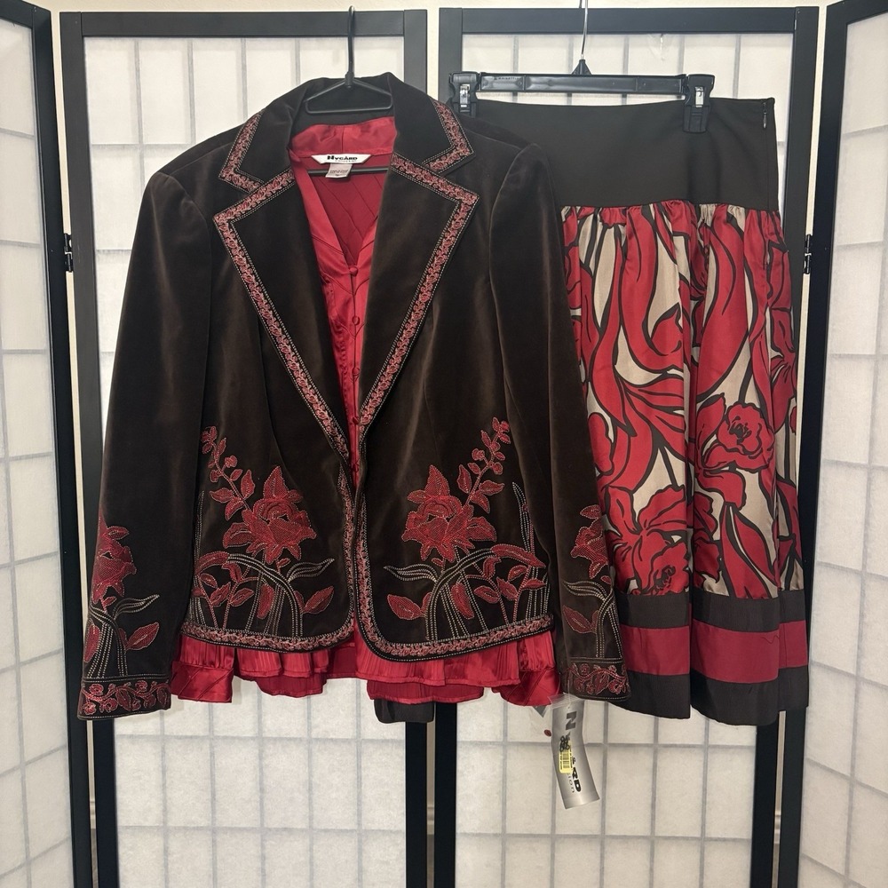 NWT Peter Nygard 3 Piece Set Floral Brown Velvet Blazer, Silk Skirt, Red Blouse